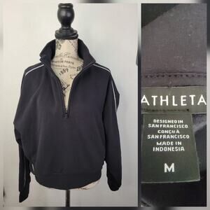 Athleta Forever Fleece 1/2 Zip Crop Sweatshirt Womens SZ M Black High Hip Piping